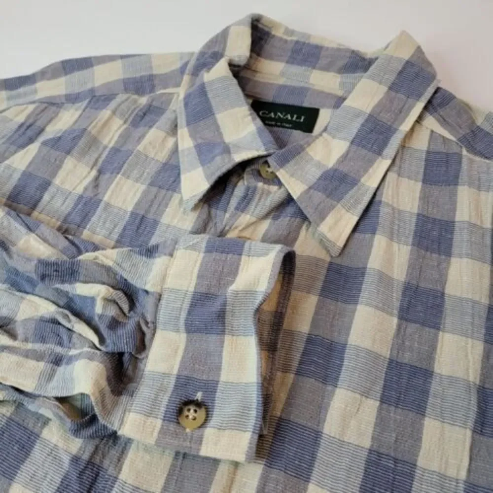 Canali Button Down Shirt Mens‎ XL Blue Plaid Good Cotton Linen Made in Italy